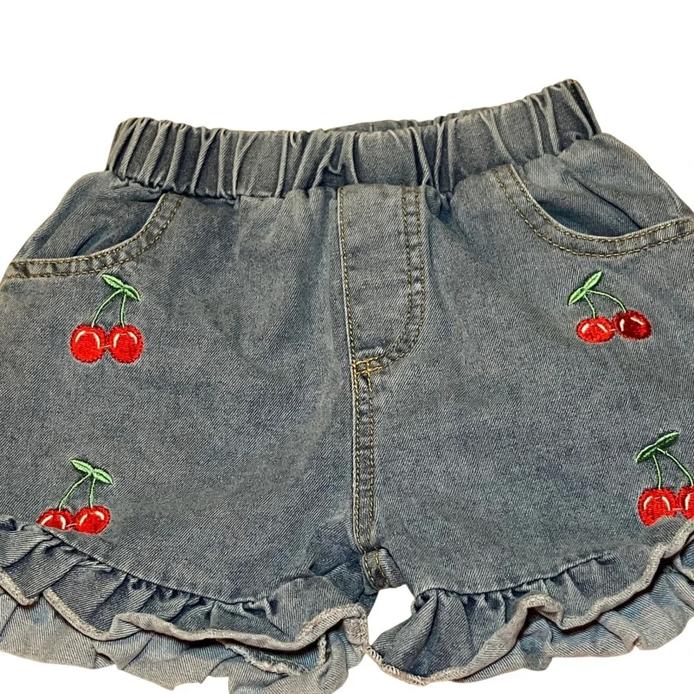 SHEIN Kids Girls Size 6 2-Piece Set  Cat Tee and Cherry Denim Ruffle Shorts